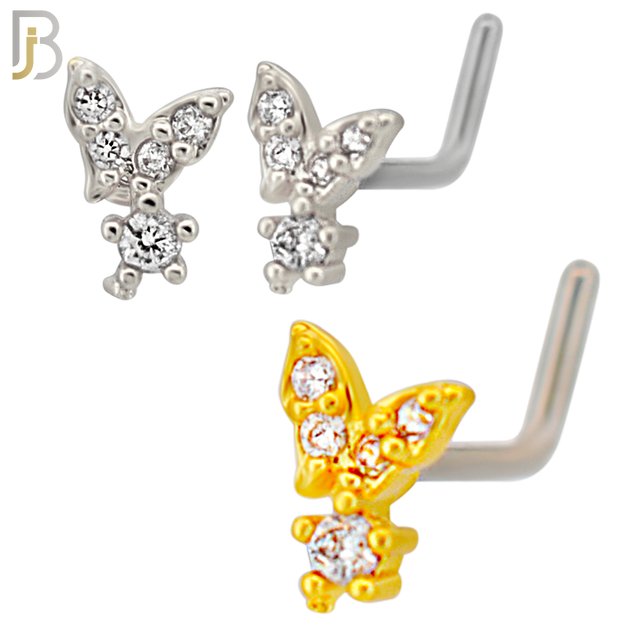 NR135L - 20g - 316L Surgical Steel Lshaped Nose Rings Butterfly with Cubic Zirconia