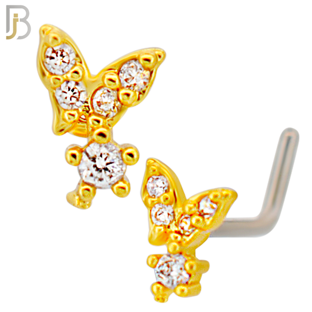 NR135L - 20g - 316L Surgical Steel Lshaped Nose Rings Butterfly with Cubic Zirconia