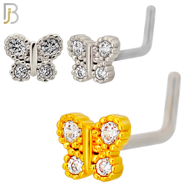 NR136L - 20g - 316L Surgical Steel L-shaped Nose Rings Butterfly with Cubic Zirconia