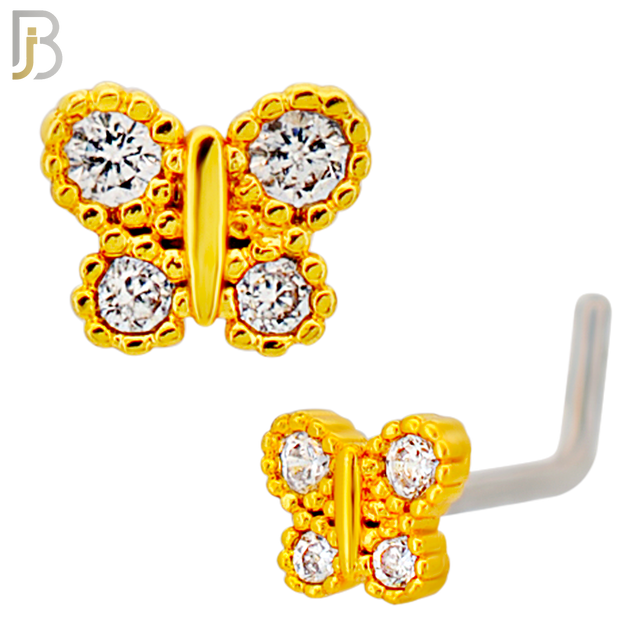 NR136L - 20g - 316L Surgical Steel L-shaped Nose Rings Butterfly with Cubic Zirconia