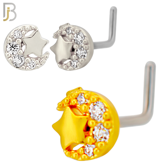 NR137L - 20g - 316L Surgical Steel Lshaped Nose Rings Crescent Moon with Star with Cubic Zirconia