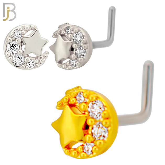 NR137L - 20g - 316L Surgical Steel Lshaped Nose Rings Crescent Moon with Star with Cubic Zirconia