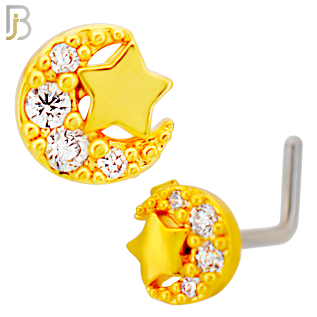 NR137L - 20g - 316L Surgical Steel Lshaped Nose Rings Crescent Moon with Star with Cubic Zirconia
