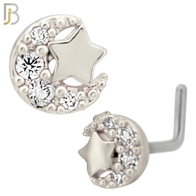 NR137L - 20g - 316L Surgical Steel Lshaped Nose Rings Crescent Moon with Star with Cubic Zirconia