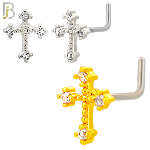 NR138L - 20g - 316L Surgical Steel Lshaped Nose Rings Cross  with Cubic Zirconia