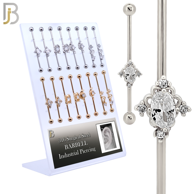 PK-BB0012SG  - Surgical Steel Industrial Barbell Body Jewelry – 4 Designs, 16-Piece Pack