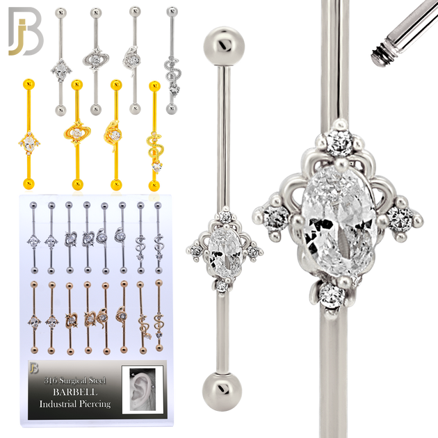 PK-BB0012SG  - Surgical Steel Industrial Barbell Body Jewelry – 4 Designs, 16-Piece Pack