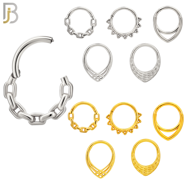 PK-CT0006 - 316 Surgical Steel Five Different Designs Hinged Septum Hoops - Pack of 30 Pieces