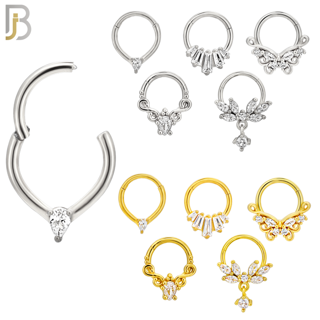 PK-CT0007 - 316 Surgical Steel Five Different Designs Hinged Septum Hoops - Pack of 30 Pieces