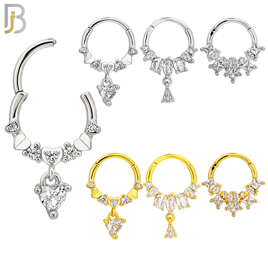 PK-CT0008 - 316 Surgical Steel Hinged Septum Hoops with 3 Dangle Designs - Pack of 30 Pieces