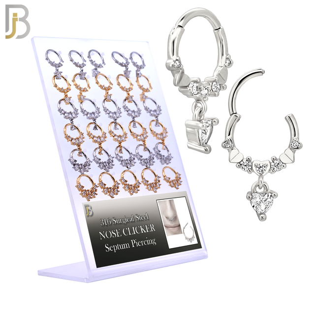 PK-CT0008 - 316 Surgical Steel Hinged Septum Hoops with 3 Dangle Designs - Pack of 30 Pieces