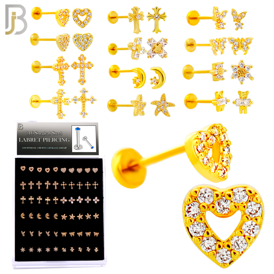 PK-LB0016 - 316 Surgical Steel 12 Designs Fatback Labrets - Pack of 60 Pieces