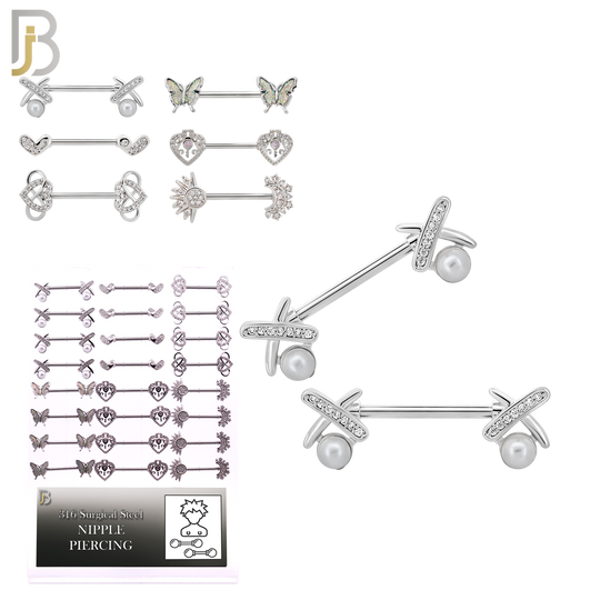 PK-NP0011 - 316L Surgical Steel Gold Six (6) Different Dangling Nipple Barbells Designs - Pack of 12 Pairs