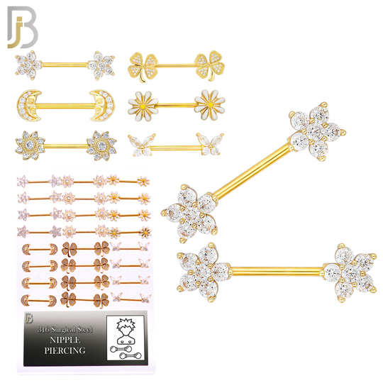 PK-NP08 - 316 Surgical Steel Six (6) Different Designs Nipple Barbells - Pack of 12 Pairs