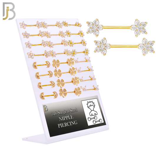 PK-NP08 - 316 Surgical Steel Six (6) Different Designs Nipple Barbells - Pack of 12 Pairs
