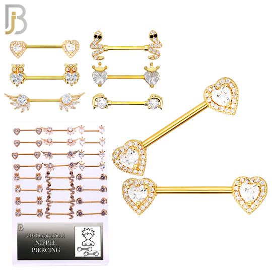 PK-NP14 - 316 Surgical Steel Six (6) Different Designs Nipple Barbells - Pack of 12 Pairs