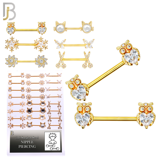 PK-NP19 - 316 Surgical Steel Six (6) Different Designs Nipple Barbells - Pack of 12 Pairs