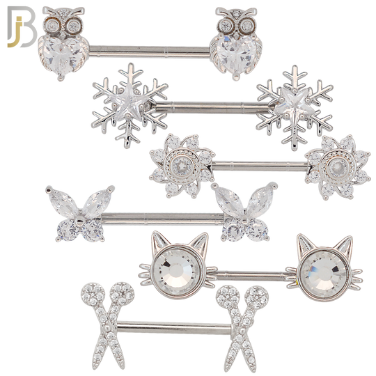 PK-NP19 - 316 Surgical Steel Six (6) Different Designs Nipple Barbells - Pack of 12 Pairs