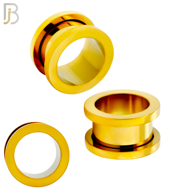 PL03G - Gold Plated Surgical Steel Tunnel Plain Design Screw On Plugs Sold as Pair