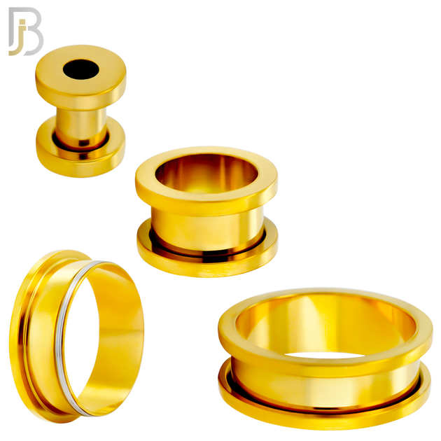 PL03G - Gold Plated Surgical Steel Tunnel Plain Design Screw On Plugs Sold as Pair