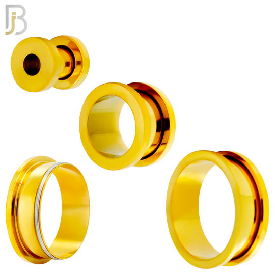 PL03G - Gold Plated Surgical Steel Tunnel Plain Design Screw On Plugs Sold as Pair