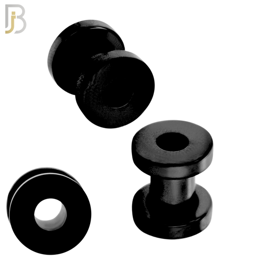 PL03K - Black Plated Surgical Steel Tunnel Plain Design Screw On Plugs Sold as Pair