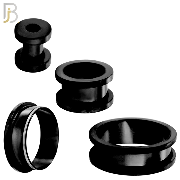 PL03K - Black Plated Surgical Steel Tunnel Plain Design Screw On Plugs Sold as Pair