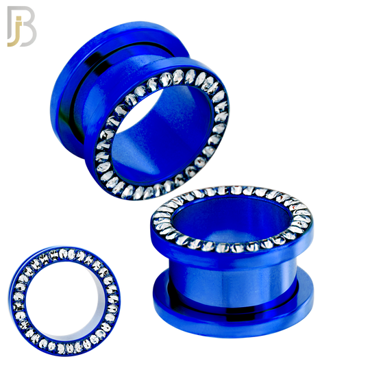 PL05B - Blue Plated Surgical Steel Oil Coating Zircon Screw On Plugs Sold as Pair