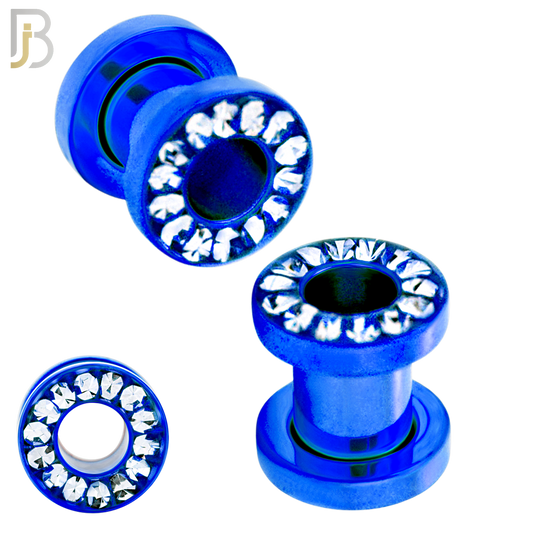 PL05B - Blue Plated Surgical Steel Oil Coating Zircon Screw On Plugs Sold as Pair