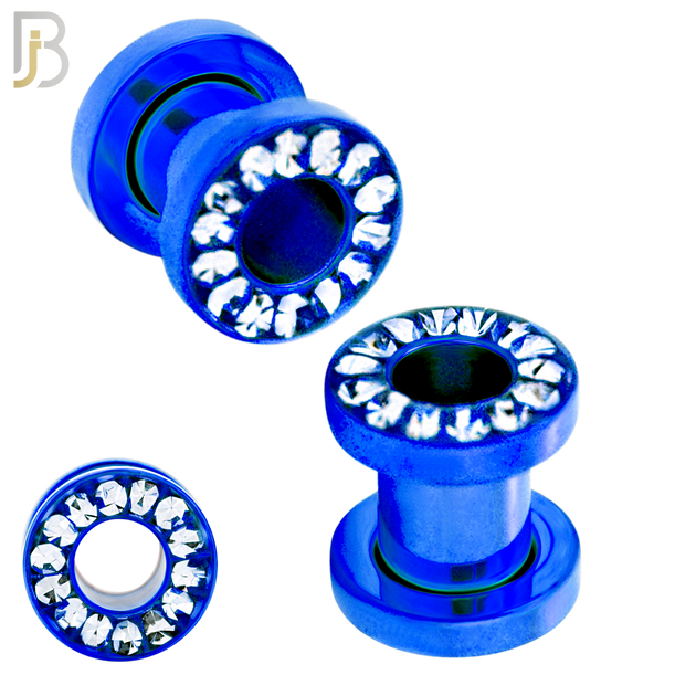 PL05B - Blue Plated Surgical Steel Oil Coating Zircon Screw On Plugs Sold as Pair
