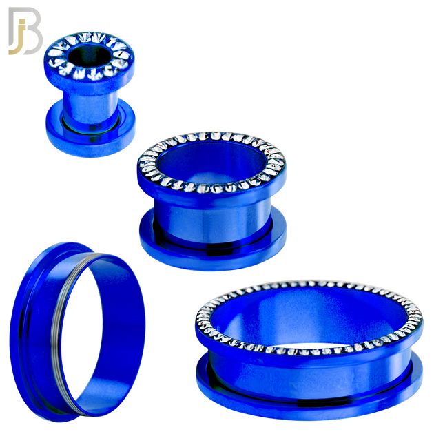 PL05B - Blue Plated Surgical Steel Oil Coating Zircon Screw On Plugs Sold as Pair