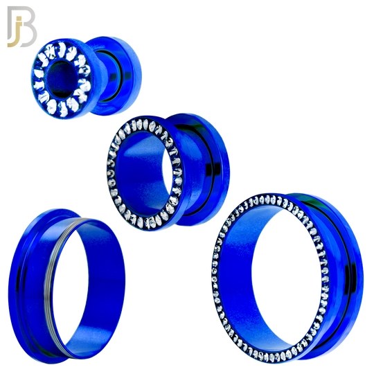 PL05B - Blue Plated Surgical Steel Oil Coating Zircon Screw On Plugs Sold as Pair