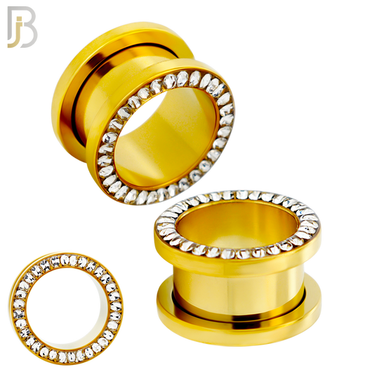 PL05G - Gold Plated Surgical Steel Oil Coating Zircon Screw On Plugs Sold as Pair