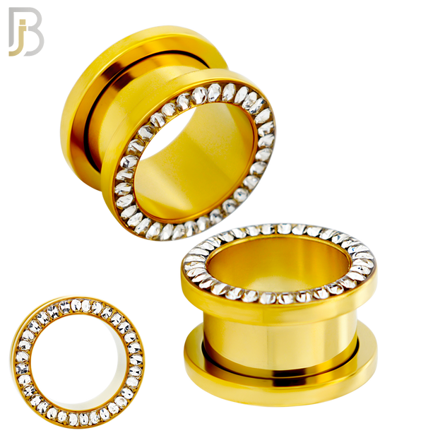 PL05G - Gold Plated Surgical Steel Oil Coating Zircon Screw On Plugs Sold as Pair