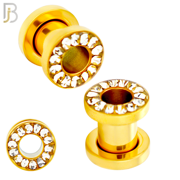 PL05G - Gold Plated Surgical Steel Oil Coating Zircon Screw On Plugs Sold as Pair