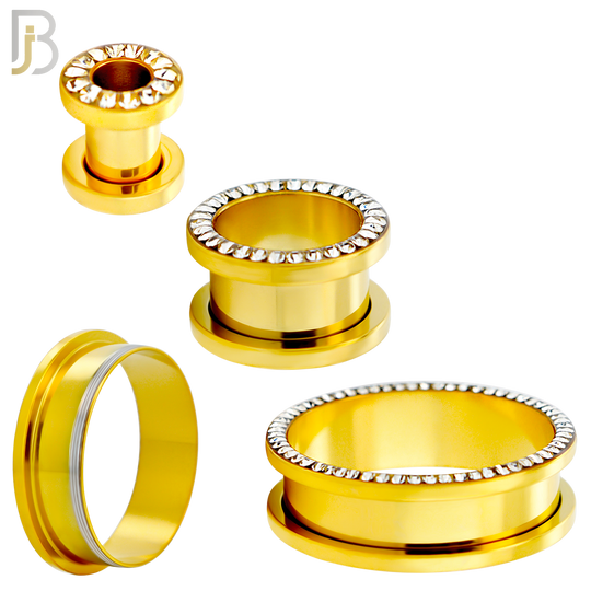 PL05G - Gold Plated Surgical Steel Oil Coating Zircon Screw On Plugs Sold as Pair