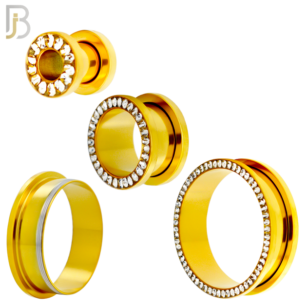 PL05G - Gold Plated Surgical Steel Oil Coating Zircon Screw On Plugs Sold as Pair