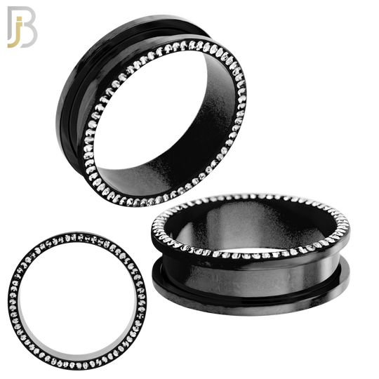 PL05K - Black Plated Surgical Steel Oil Coating Zircon Screw On Plugs Sold as Pair