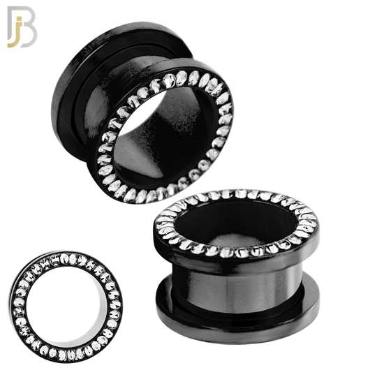PL05K - Black Plated Surgical Steel Oil Coating Zircon Screw On Plugs Sold as Pair