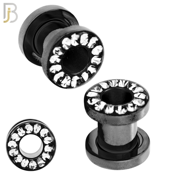 PL05K - Black Plated Surgical Steel Oil Coating Zircon Screw On Plugs Sold as Pair