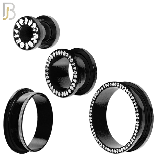 PL05K - Black Plated Surgical Steel Oil Coating Zircon Screw On Plugs Sold as Pair