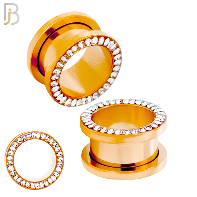 PL05R - Rose Gold Plated Surgical Steel Oil Coating Zircon Screw On Plugs Sold as Pair