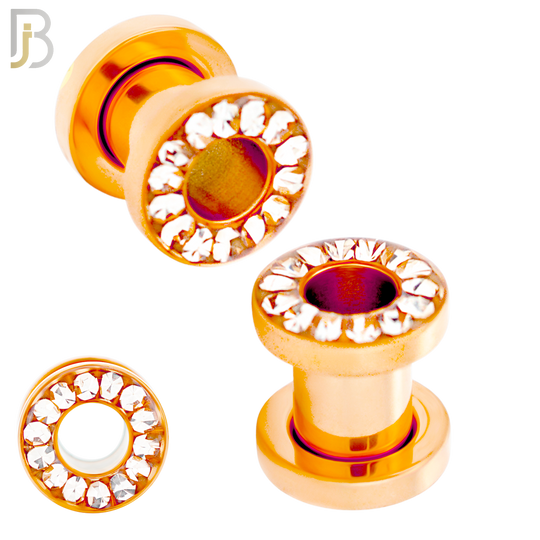 PL05R - Rose Gold Plated Surgical Steel Oil Coating Zircon Screw On Plugs Sold as Pair