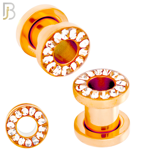 PL05R - Rose Gold Plated Surgical Steel Oil Coating Zircon Screw On Plugs Sold as Pair
