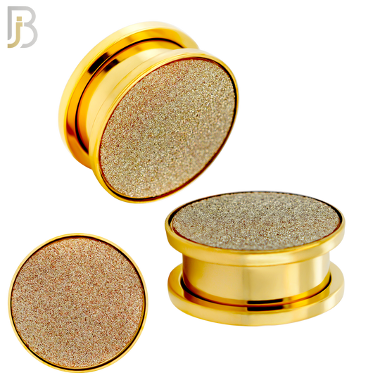 PL32G - Gold Plated Surgical Steel Solid Sandpaper Top Design Screw On Plugs Sold as Pair
