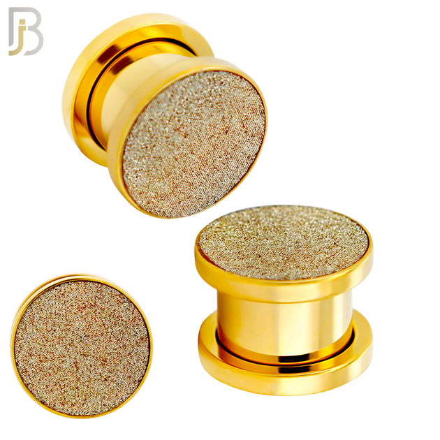 PL32G - Gold Plated Surgical Steel Solid Sandpaper Top Design Screw On Plugs Sold as Pair