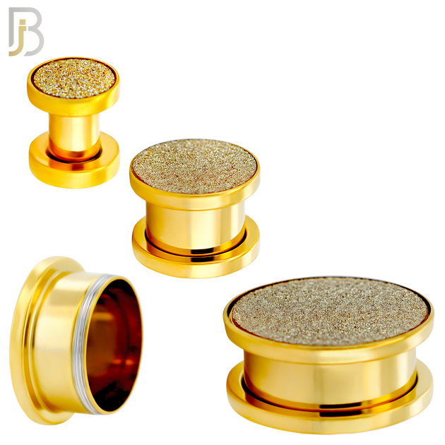 PL32G - Gold Plated Surgical Steel Solid Sandpaper Top Design Screw On Plugs Sold as Pair