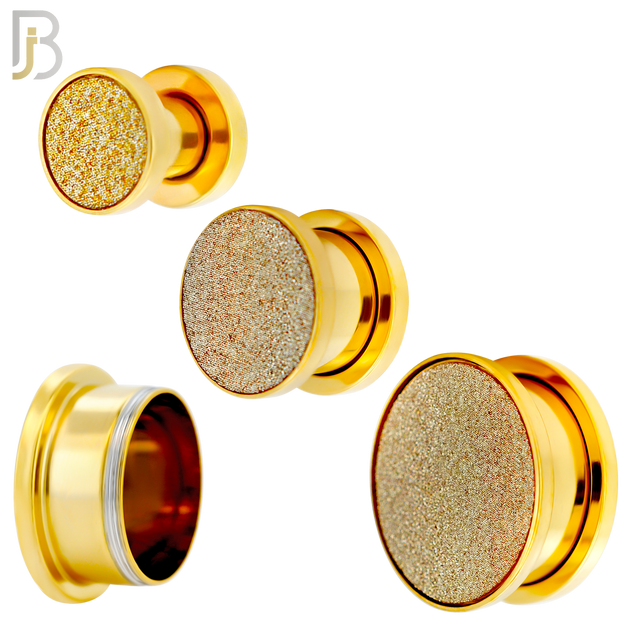 PL32G - Gold Plated Surgical Steel Solid Sandpaper Top Design Screw On Plugs Sold as Pair