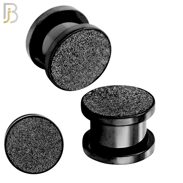 PL32K - Black Plated Surgical Steel Solid Sandpaper Top Design Screw On Plugs Sold as Pair