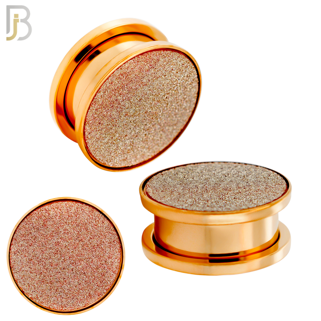 PL32R - Rose Gold Plated Surgical Steel Solid Sandpaper Top Design Screw On Plugs Sold as Pair